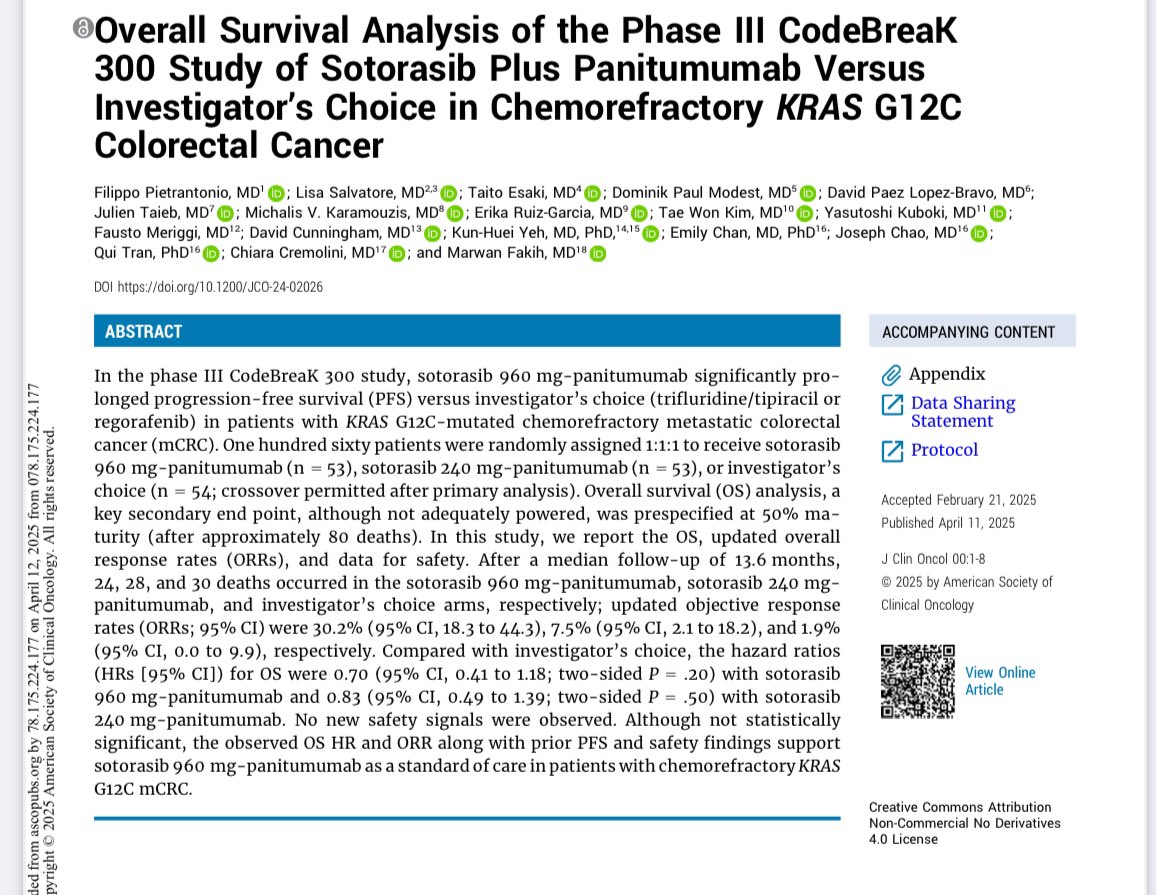 💊Final OS analysis of CodeBreak-300
<a href="/JCO_ASCO/">Journal of Clinical Oncology</a> 

➡️Sotorasib 960 + panitumumab vs. inv. choice
✅ORR: 30.2% vs 1.9%
✅mPFS: 5.6 vs 2 mo. 
HR: 0.48 (0.30-0.78), p=.005
❓mOS: Not reached vs. 10.3 mo
HR: 0.70 (0.41 to 1.18), p=.20

👉doi.org/10.1200/JCO-24…

<a href="/OncoAlert/">OncoAlert</a> <a href="/brunolarvol/">ONCO BRUNO</a>