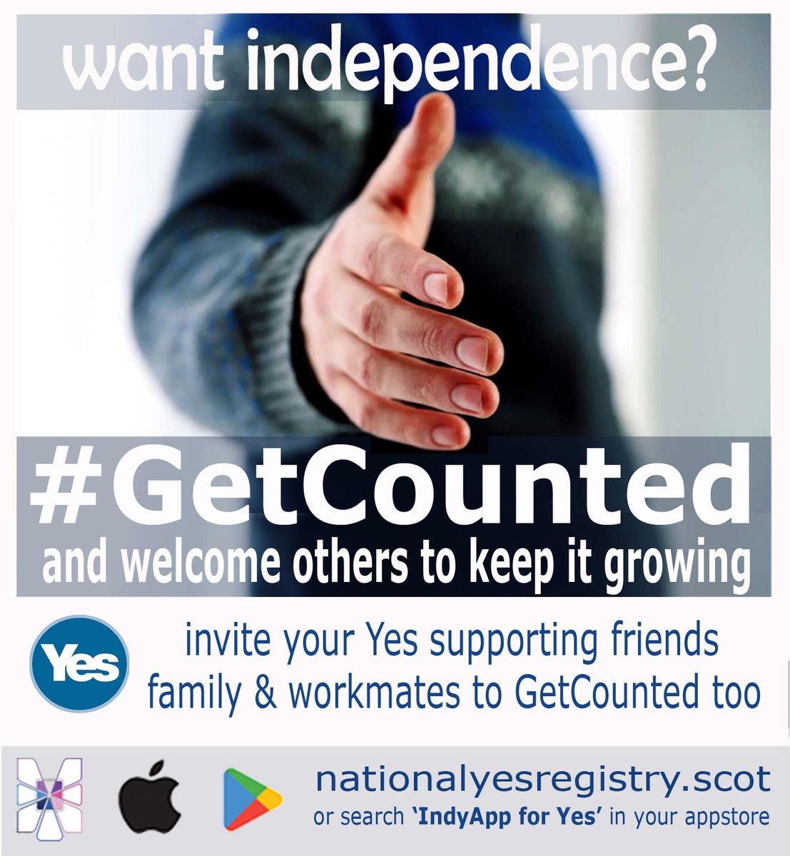#GetCounted today for #YES - download the #IndyApp today at nationalyesregistry.scot - created by and for the Grassroots #YES, in development since 2014, all parties and none, let's work together once more.