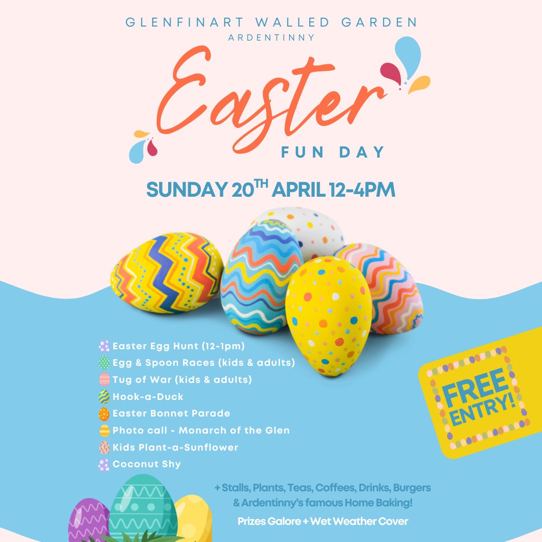 A date for your diary! Easter Fun Day 2025 at Glenfinart Walled Garden, Ardentinny. Loads for the family to do and FREE ENTRY! Sunday 20 April 12-4pm.