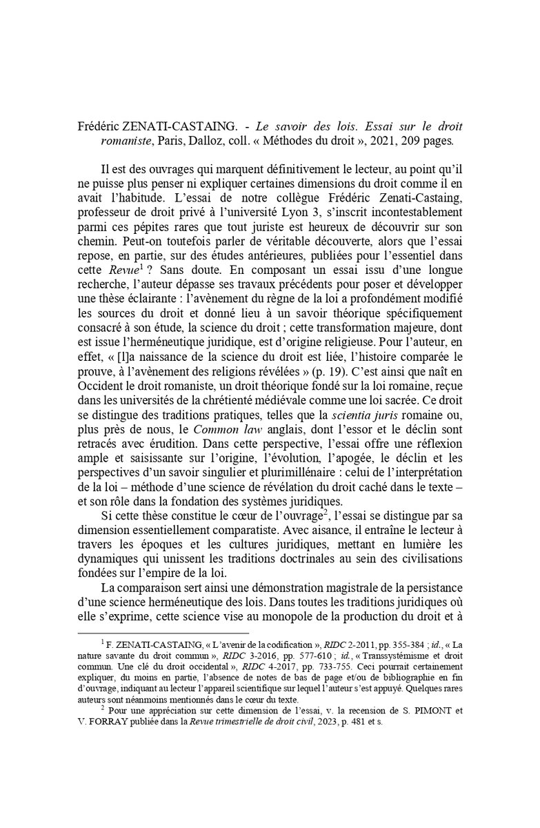 Recension de l'ouvrage Le savoir des lois, de Frédéric Zenati-Castaing, qui entraîne le lecteur à travers les époques et les cultures juridiques, mettant en lumière les dynamiques qui unissent les traditions doctrinales au sein des civilisations fondées sur l’empire de la loi.