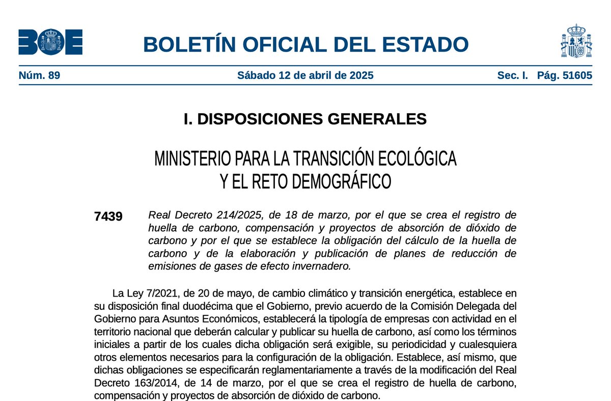 MariaGCL's tweet photo. Publicado el Real Decreto 214/2025, por el que se crea el registro de huella de carbono, compensación y proyectos de absorción de CO2 y por el que se establece la obligación del cálculo de la huella de carbono y de la elaboración y publicación de planes de reducción de GEI https://t.co/9LaqeJCv9F