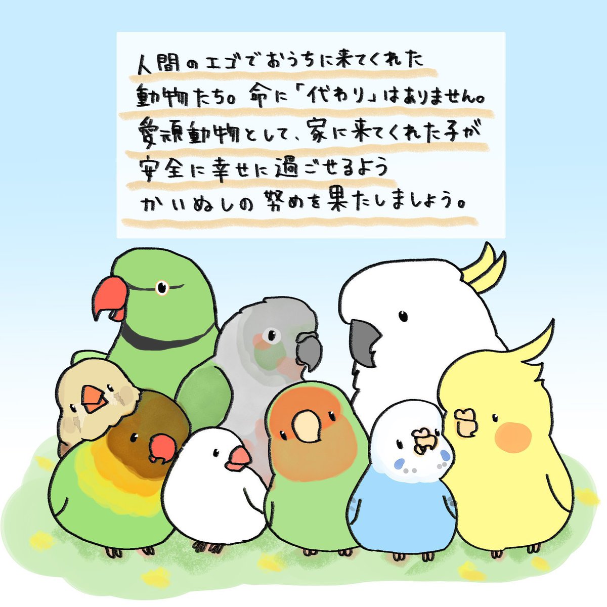 屋外放鳥したい方へ

・特別な訓練をしているから大丈夫
・羽を切っているから大丈夫

【カゴから出して本当に大丈夫…？】

◾️野生動物は目にも止まらぬ早さで
      愛鳥を奪います
◾️落鳥するリスクが高まります

事故が起きて辛い思いをするのは飼い主ではなく鳥自身。安全第一で飼育しましょう