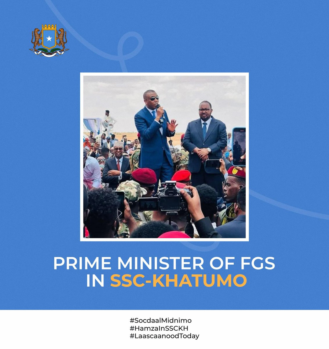 NortheasternWB's tweet photo. Historic Day in Lasanod

Today, SSC-Khaatumo proudly welcomes His Excellency Prime Minister Xamse to Lasanod, marking the first official visit by a Somali Prime Minister to SSC-Khaatumo 

His Excellency Abdikadir Aw-Cali, President of SSC-Khaatumo, received the Prime Minister and his high-level delegation with great honor, reflecting the spirit of unity and mutual respect that defines this new chapter in our nation’s journey.

Over the next two days, the Prime Minister and SSC-Khaatumo leadership will engage in high-level discussions focused on peace, development, and regional integration. The visit will also feature the launch of key development projects aimed at transforming infrastructure, healthcare, and education across SSC-Khaatumo.

This visit is not just symbolic, it is a powerful step toward national unity, inclusive governance, and a brighter future for all.

#SSCKhaatumo #Somalia #Lasanod #HistoricVisit #Development #Unity #PMXamse