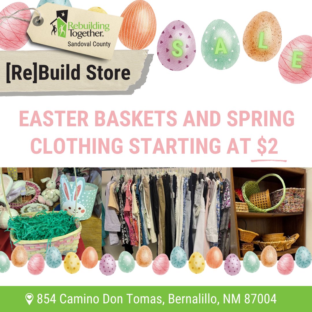 Rebuild_NM's tweet photo. 🌷 Happy Saturday from The [Re]Build Store! 🌷 We are open today from 10am to 2pm with special Spring deals you won’t want to miss!  

🧺🐣 Easter Baskets &amp; 👗👕 Spring Clothing starting at just $2!    

🔗 Learn more at https://t.co/bMqlupFK7P. https://t.co/Dcd3YnC709