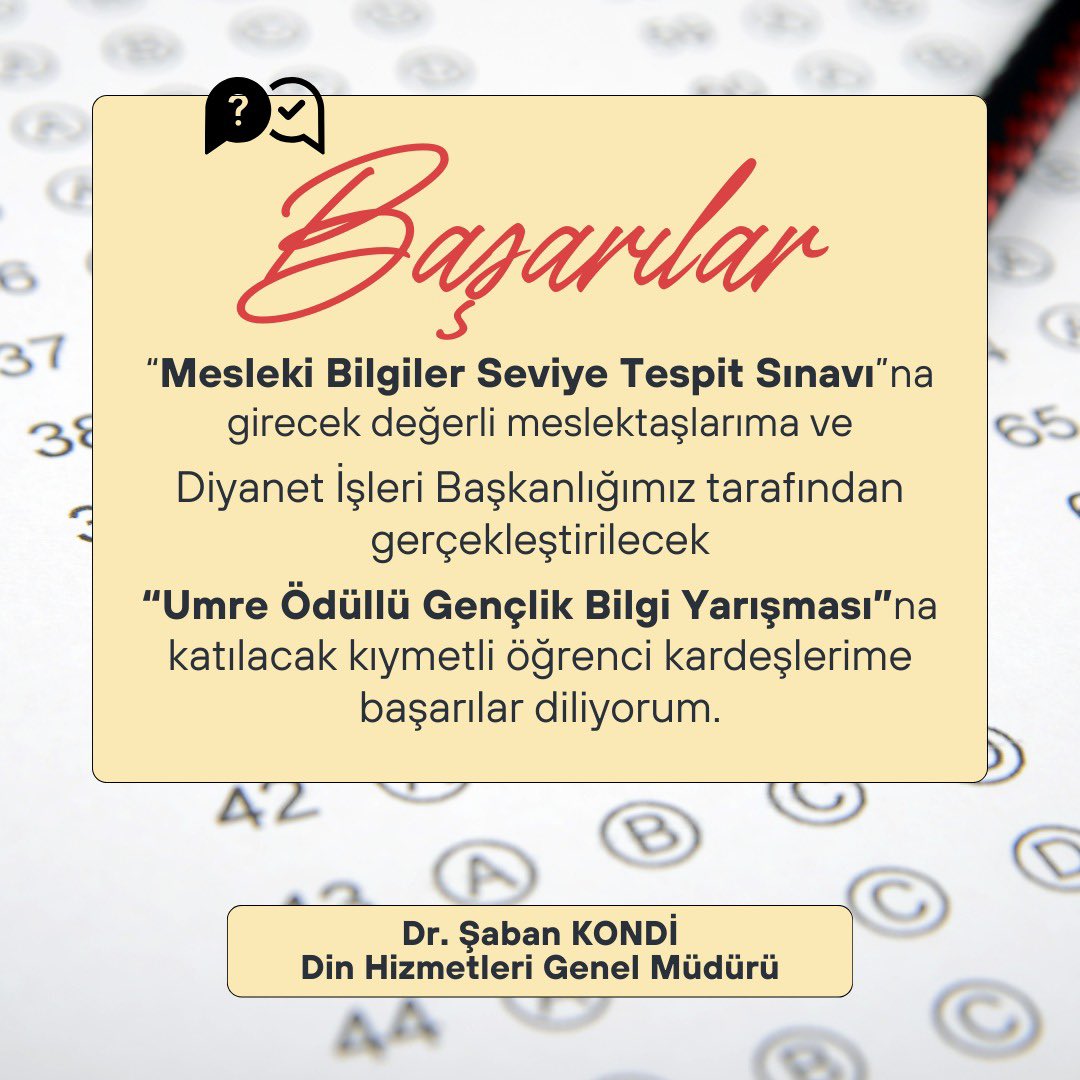 drsabankondi's tweet photo. Mesleki Bilgiler Seviye Tespit Sınavı'na girecek değerli meslektaşlarıma ve Diyanet İşleri Başkanlığımız tarafından
gerçekleştirilecek Umre Ödüllü Gençlik Bilgi Yarışması'na katılacak kıymetli öğrenci kardeşlerime başarılar diliyorum.
#diyanet
#mbsts
#dhgm
#diyanetgençlik https://t.co/KF64VNztsg