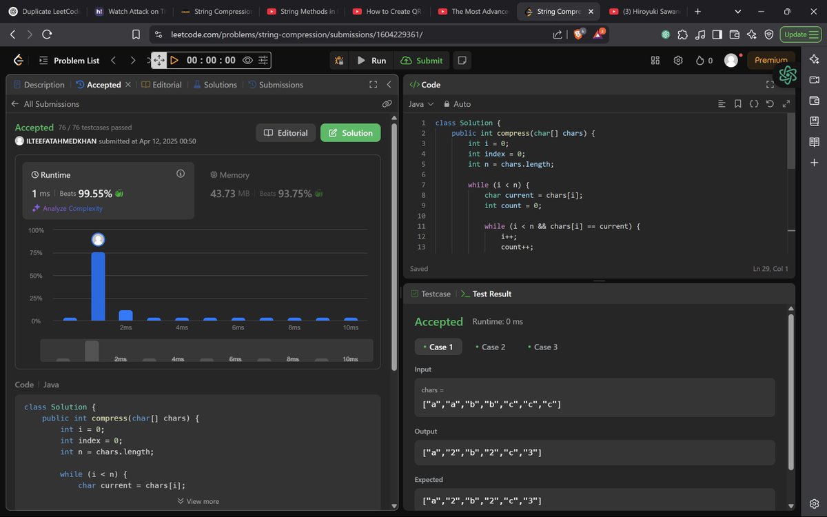 ilteefatKhan's tweet photo. Day 89/365 – LeetCode 443 🔁
Solved String Compression using just arrays 💻
No extra space, clean two-pointer Java logic ✅

🧠 Focus:
In-place edits
Index management

#100DaysOfCode #LeetCode #Java #CodingJourney #DSA #Array #StringCompression #CodeNewbie #LetsConnect #connect https://t.co/zz3zPgJfFM