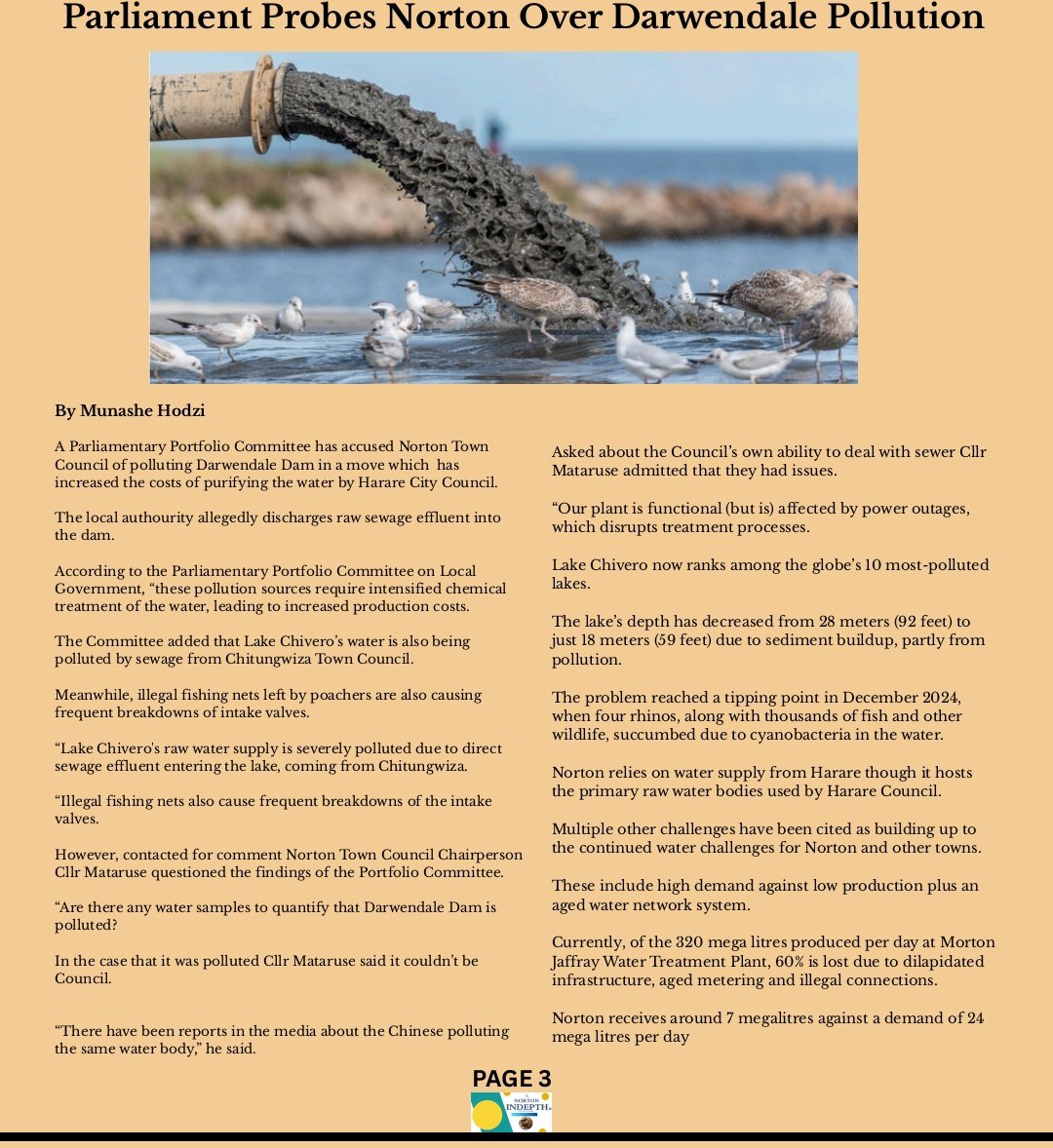 Parliament Probes Norton Town Over Darwendale Pollution

NTC has found itself in a spot of bother as the Parliamentary Portfolio Committee on Local Government has levelled allegations that it is polluting Darwendale Dam.