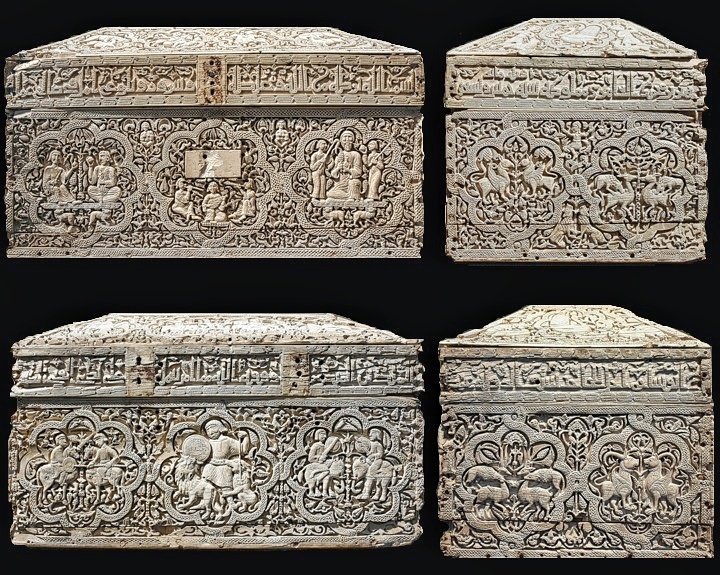 RomanicoEspana's tweet photo. Las cuatro caras de la Arqueta de Leyre, una soberbia pieza califal en marfil realizada en torno al año 1004 y que, quizás como botín de guerra o por el pago de parias, acabó como relicario en el Monasterio de Leyre. 
Actualmente se expone en el Museo de Navarra #FelizSabado https://t.co/gCuU3b9xhn