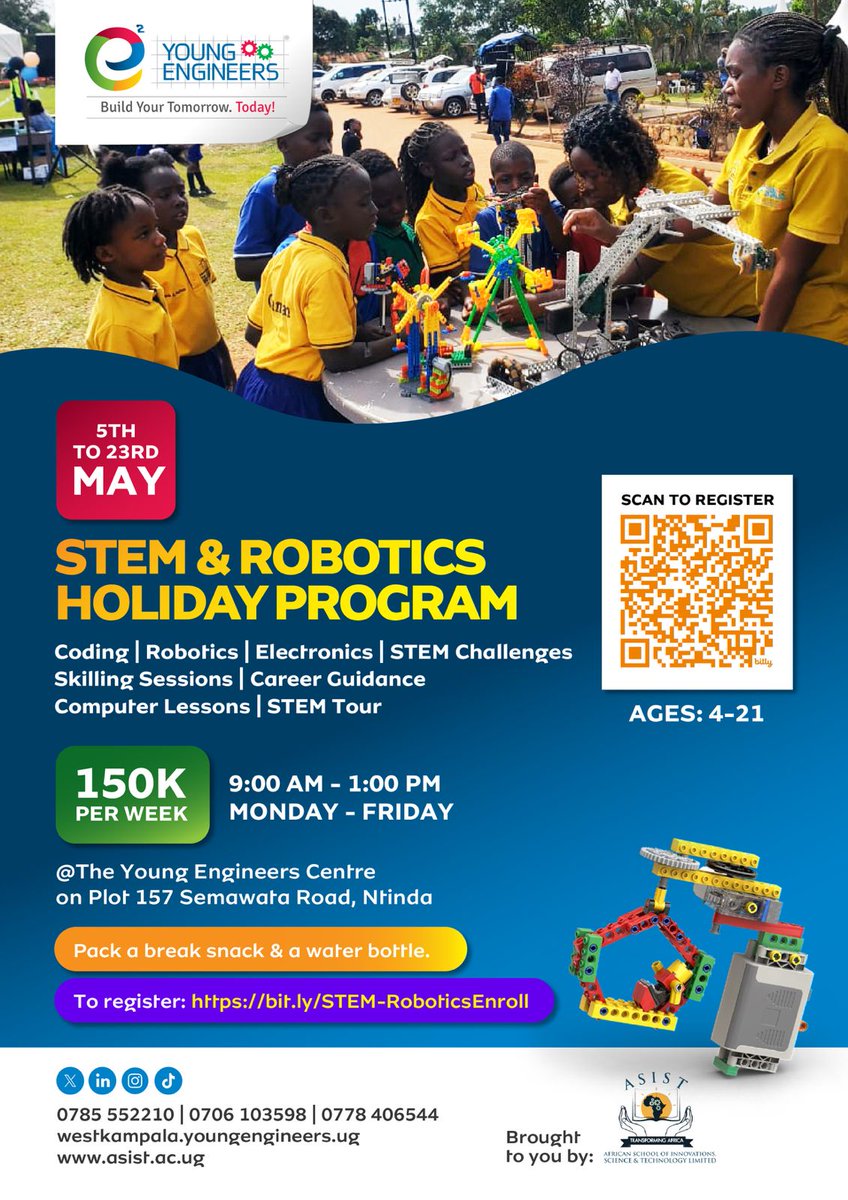 YoungEngneersUG's tweet image. Join our exciting STEM program, running Monday to Friday, 9am–1pm! Hands-on learning in robotics, coding, and engineering—fun, creativity, and innovation every day!

#STEMEducation #FutureInnovators #KidsInTech #RoboticsCamp #LearnCreateInnovate