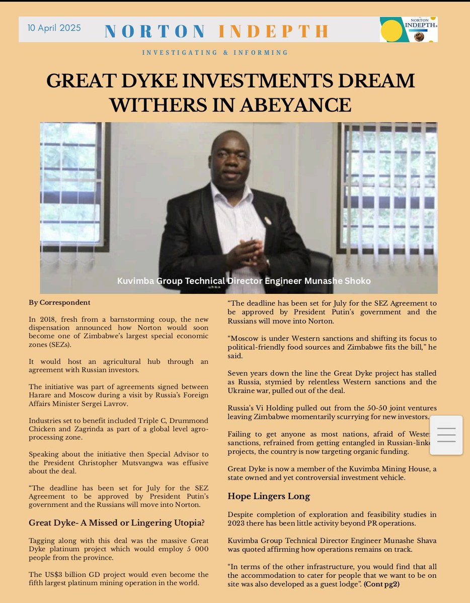 Great Dyke Investments Dream Fades For Norton

Norton's breakthrough dream through GDI, projected to provide over 5000 jobs plus a network of downstream industries, is slowly dying out as Gvt dithers to come up with a viable plan in the aftermath of the exit of Russian investors.