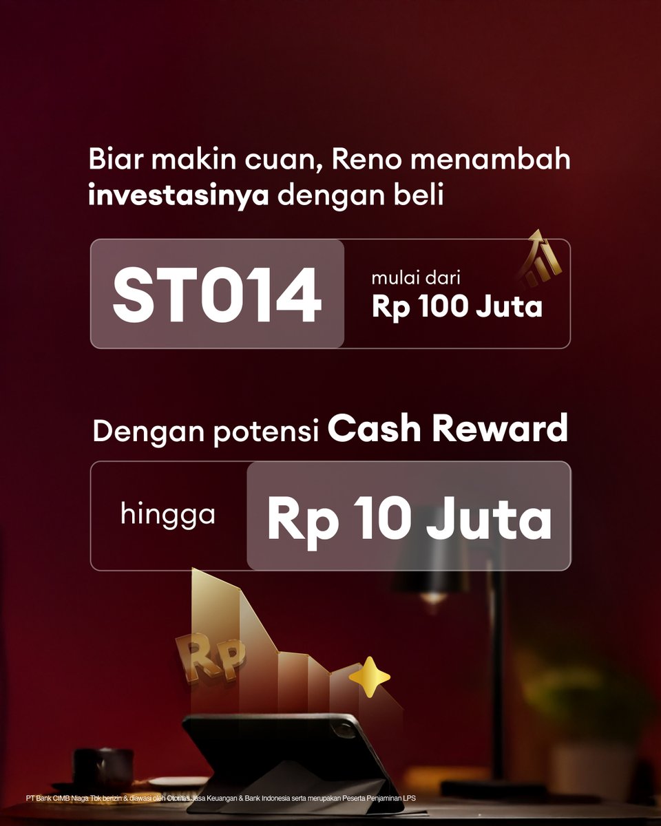 CIMBNiaga's tweet photo. Mau Mulai investasi dengan tambahan reward? Yuk, beli ST014 sekarang via OCTO Mobile & OCTO Clicks!
📌 Info lengkap: https://t.co/urEYoqvLHb atau hubungi 14041
S&K berlaku
#ST014 #InvestasiSekarang #PeluangInvestasi https://t.co/aLt013S1eh