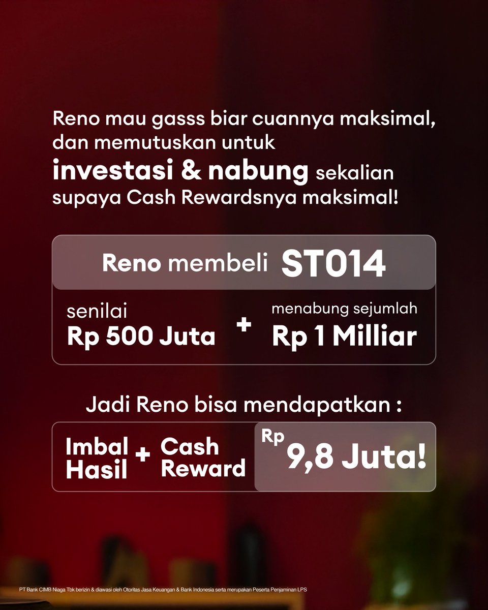 CIMBNiaga's tweet photo. Mau Mulai investasi dengan tambahan reward? Yuk, beli ST014 sekarang via OCTO Mobile & OCTO Clicks!
📌 Info lengkap: https://t.co/urEYoqvLHb atau hubungi 14041
S&K berlaku
#ST014 #InvestasiSekarang #PeluangInvestasi https://t.co/aLt013S1eh