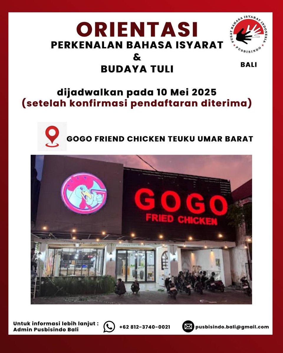 Pendaftaran kls bahasa isyarat level 1-3 area Bali telah dibuka.

Utk pendaftaran kelas bahasa isyarat Bali, klik link : linktr.ee/pusbisindo_bali

Utk pendaftaran, pertanyaan/info lbih lanjut, bisa hubungi Pusbisindo Bali via WA: wa.link/lwu5a9

#kelasbahasaisyarat