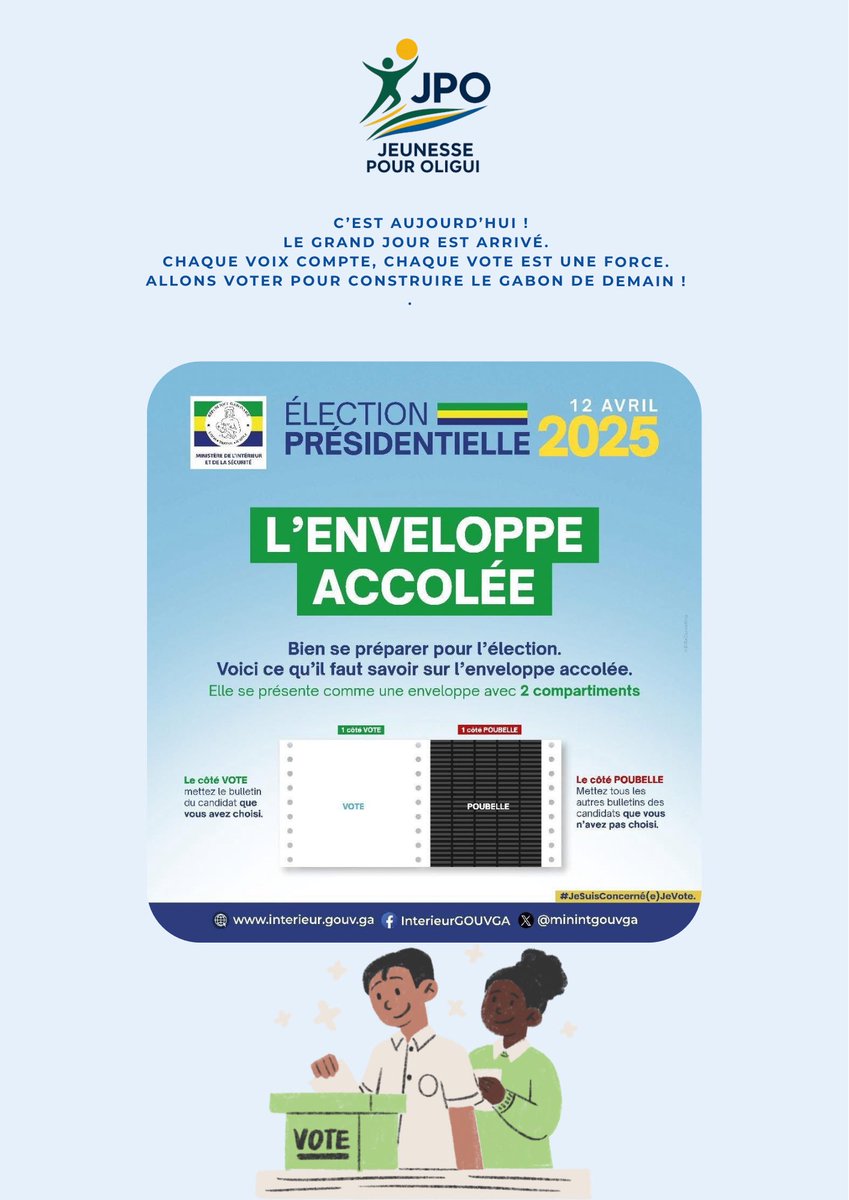 JPO_2025's tweet photo. C’est aujourd’hui !
Le grand jour est arrivé.
Chaque voix compte, chaque vote est une force.
Allons voter pour construire le Gabon de demain !

N’oubliez pas votre carte d’électeur et votre pièce d’identité.
#JeVote #JeSuisConcerné(e) #JPO #Gabon2025 https://t.co/NZx6IswjIS