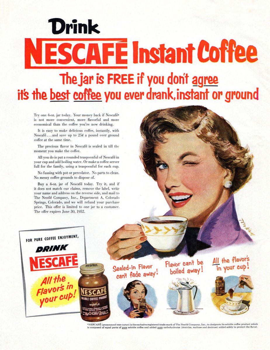 LRonLacy's tweet photo. #OTD in 1952
‘’Drink Nescafé Instant Coffee
The jar is free if you don’t *agree* it’s the *best coffee* you ever drank’!’
#Illustration by #TomHall (Thomas Victor Hall 1879-1965)
*Collier’s*, Apr. 12, 1952
#illustrationartists #coffee #Nescafé #womensfashion #1950s #NewYorkCity https://t.co/ZgI1G0I0XZ