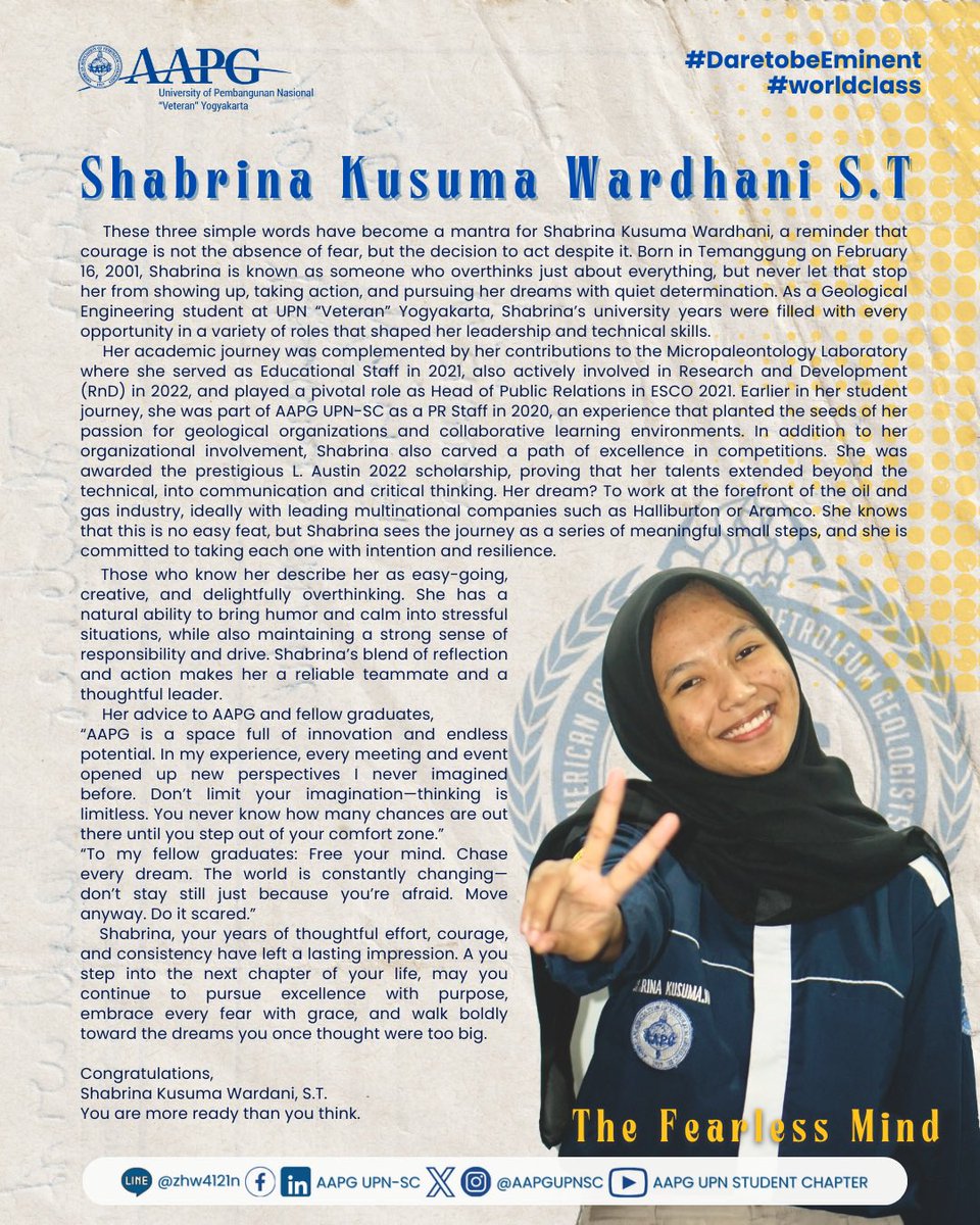 AAPGUPNSC's tweet photo. [HAPPY GRADUATION]

“Education is not the filling of a pail, but the lighting of a fire."  — William Butler Yeats

The awaited day has arrived, and all your hard work has paid off. We congratulate our graduate, Shabrina Kusuma Wardani, S.T., on this incredible milestone. https://t.co/dPPC6Q8jaf