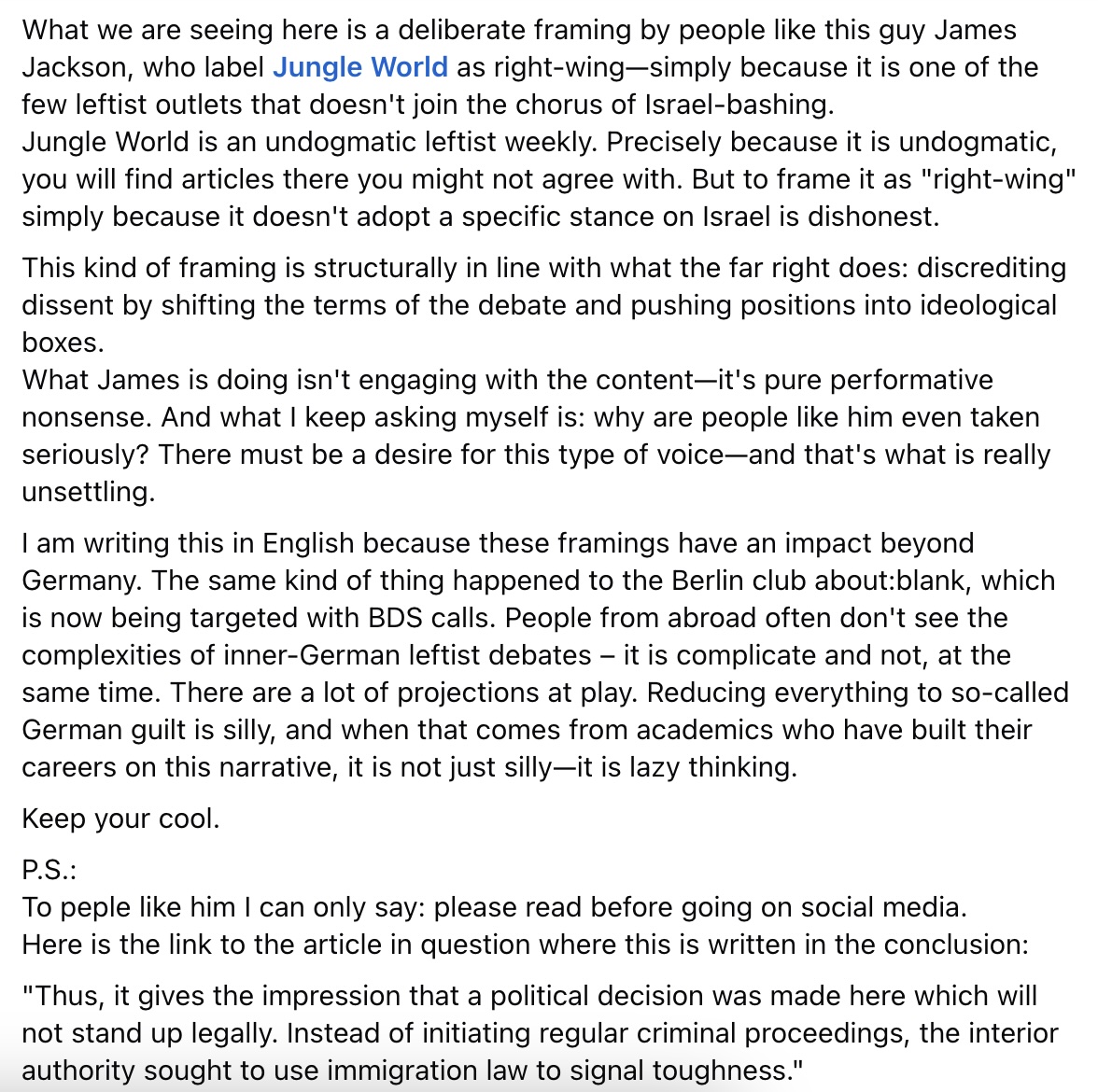 Anne Rethmann (@annerethmann) on Twitter photo I agree with <a href="/Surajpr74800081/">Сорос Ultra</a> 's comment on <a href="/derJamesJackson/">James Jackson</a> 's tweet. Here's what I posted on Facebook about the <a href="/Jungle_World/">Jungle World</a> article. It is just so silly.
#StopSpreadingFakeNews I agree with <a href="/Surajpr74800081/">Сорос Ultra</a> 's comment on <a href="/derJamesJackson/">James Jackson</a> 's tweet. Here's what I posted on Facebook about the <a href="/Jungle_World/">Jungle World</a> article. It is just so silly.
#StopSpreadingFakeNews
