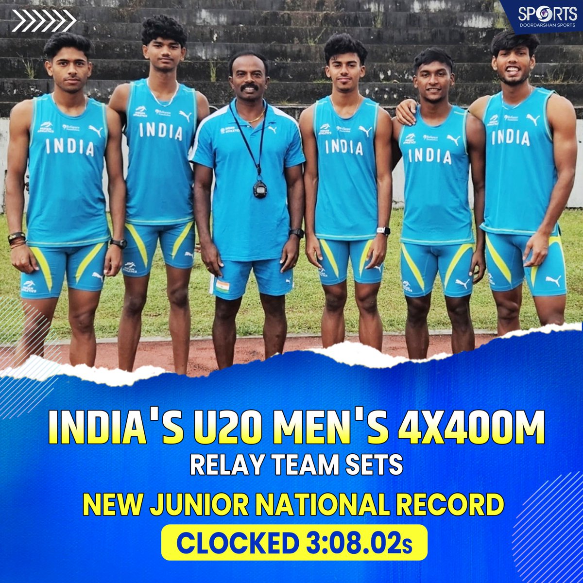 ddsportschannel's tweet photo. 🔥 Record-breaking run by India’s U20 Men’s 4x400m relay team in Sri Lanka! 🇮🇳 Clocking 3:08.02s, the squad not only secured bronze but also set a new national record and the world’s best U20 time this year! 🥉

#IndianAthletics #U20Relay #WorldLead #NextGenChampions #TrackAndField 

@IndiaSports @Media_SAI @afiindia
