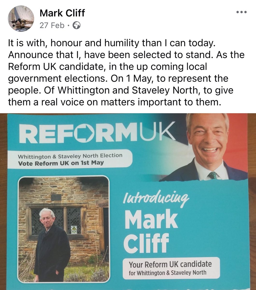 reformexposed's tweet photo. Mark Cliff (@mrk_cliff) is the Reform UK candidate for Staveley North &amp; Whittington in Derbyshire.

Seems @reformparty_uk didn’t do a thorough job vetting him either. https://t.co/k4kgfeUY7Q