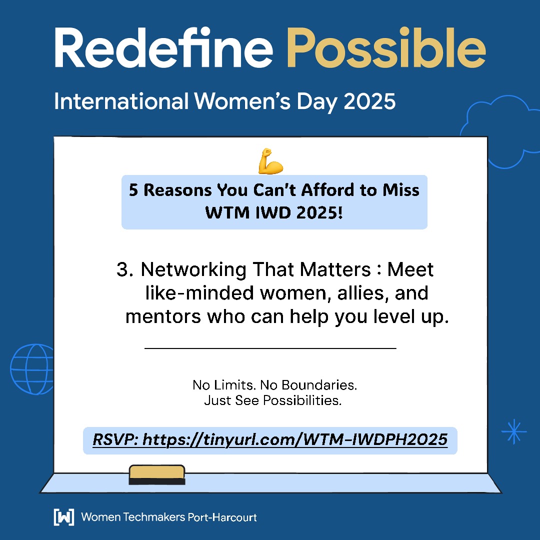 WTMPH's tweet photo. 5 reasons you simply can’t afford to miss WTM Port Harcourt IWD 2025
Secure your spot now:
https://t.co/aURjIVsID3
#WTMIWD2025 #WTMPHC #RedefinePossible #WomenInTech #IWD2025 #TechQueensAssemble #BuildWithWomen #NoLimitsJustPossibilities https://t.co/6T0ueP3aH7