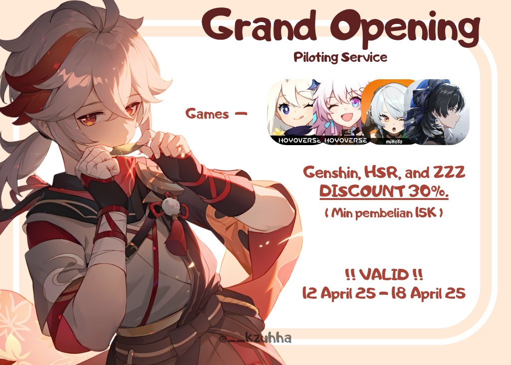 Greetings 🍂 ~
Rael resmi buka jasa joki untuk Genshin, HSR, ZZZ, dan WuWa 🎉🎉karena dlm rangka grand opening, Rael mengadakan diskon 30% dengan minimal pembelian 15K HANYA untuk Genshin, HSR, dan ZZZ

Untuk info lebih lanjut dan pricelist lbh lengkap dibawah ya !

#zonauang️