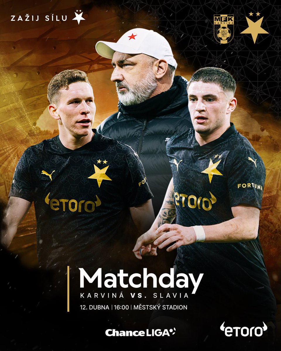 slaviaofficial's tweet photo. DNES HRAJE SLAVIE, JAK TO KRÁSNĚ ZNÍ 🌟 #karsla
🏆 29. kolo Chance Ligy
🆚 MFK Karviná
🏟️ Městský stadion
🕓 16:00
📺 Oneplay Sport
ℹ️ https://t.co/0qnL23vRHR https://t.co/gaqJC9FhDS