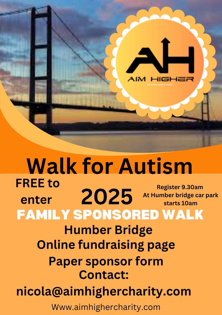 Today sees around 80 of us taking to the Humber Bridge dressed in bright colours to do a Walk for Autism to raise awareness and Funds for our charity Aim higher 🖤🧡

justgiving.com/page/aim-highe…