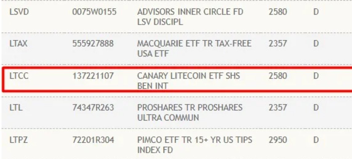 LTCWiki's tweet image. The Canary #Litecoin ETF has been listed on the #DTCC under the ticker #LTCC! 
Litecoin ETF approval is within reach.🚀🚀🚀