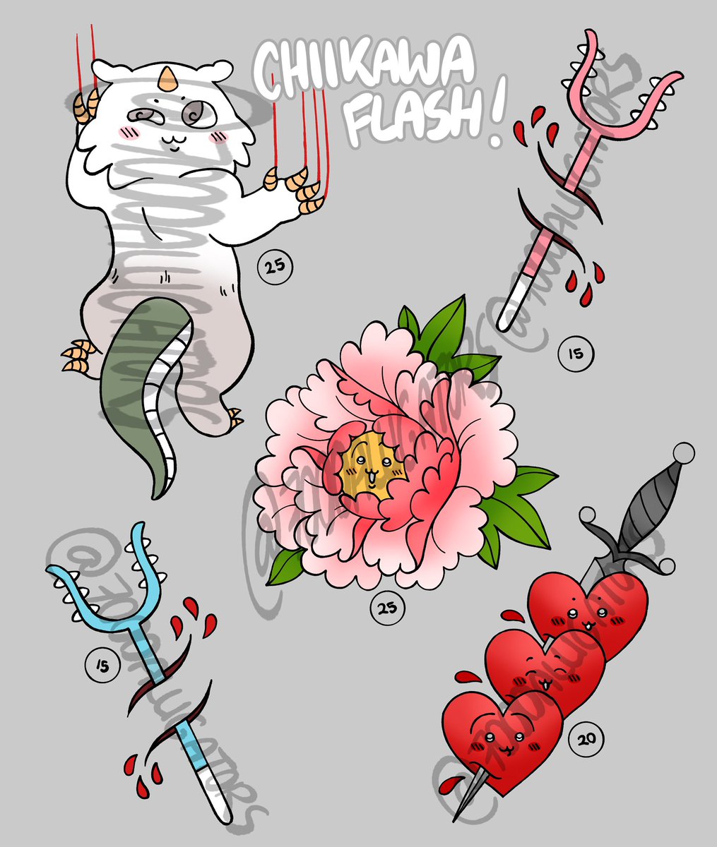 7000alligators's tweet image. 🌸CHIIKAWA FLASH SHEET🌸
repeatable flash with prices listed below in USD! DM to claim!!!
#chiikawa #flashsheet #flashtattoo