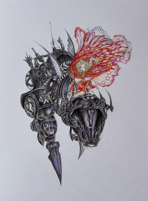 魔導アーマー 模写色鉛筆 A4ケント紙#天野喜孝 #模写 