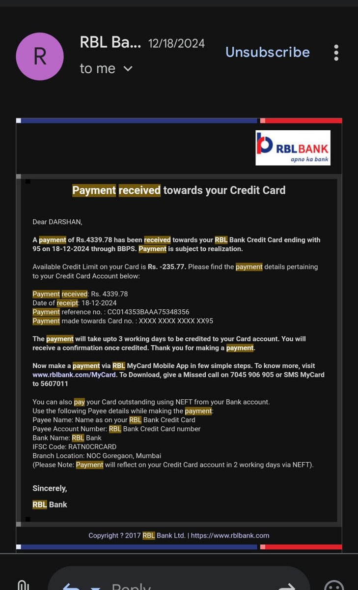 WarW56902's tweet photo. @rblbank @RBI the agent has not followed the code of conduct as he has without the consent of the customer paid the credit card min payment. Even after telling him to stop making the payment he did not stop, this has happened 3-4 times. Please help
Contact me - +91 98677 60353 https://t.co/yLAhoL4Hmw