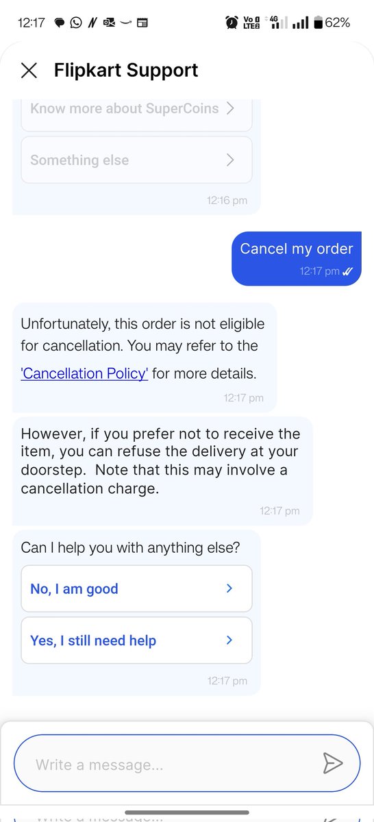 SANTTOSHH's tweet photo. @Flipkart @flipkartsupport  I m not able to cancel the order. Although product is still not dispatched. Kindly support to cancel the order 
This is the message popping out https://t.co/WxeOvWKcc1