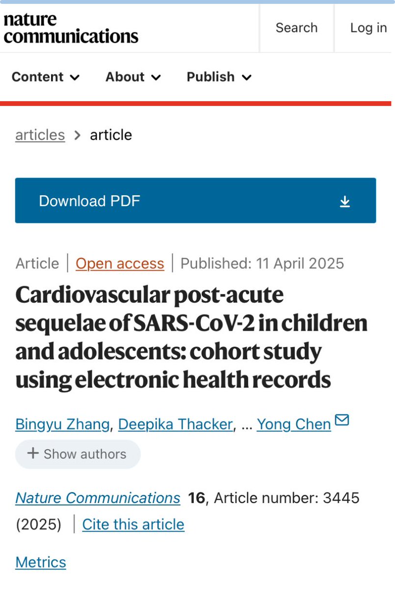 Study of 297,920 children and adolescents with SARS-CoV-2 infection. 

“We found that those infected with SARS-CoV-2 exhibited increased risks for a range of post-acute cardiovascular outcomes” 

nature.com/articles/s4146…

#LongCovdidKids #PaediatricLongCovid 
#HeartHealth