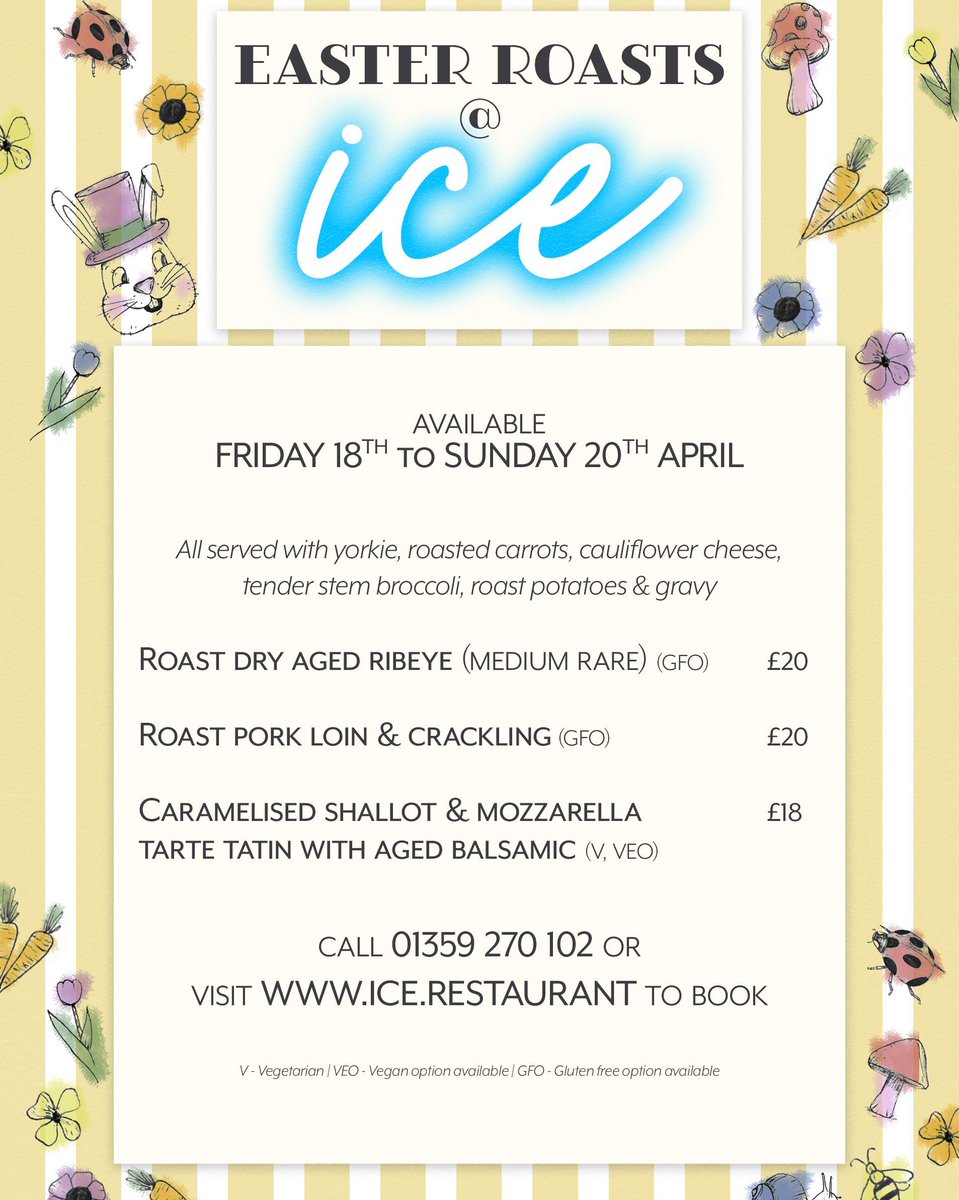 ICEsuffolk's tweet image. 🐣 Easter Weekend Roast!

From Friday 18th to Sunday 20th April.

Bring the family and bring your appetite – book now at ice.restaurant/ice-booking or call 01359 270102

#easter #eastermenu #roastdinner #burystedmunds #suffolk