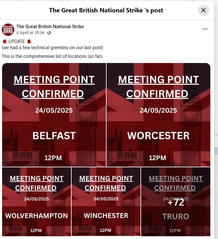 daveatherton's tweet photo. On the 24th May 2025 is National Strike Day in your village, town or city in protest at the Labour government. 

A follower says that on TikTok they have been demonetised, Facebook paid for adverts taken down &amp; YouTube have taken their videos down. https://t.co/COO0nnuA3S