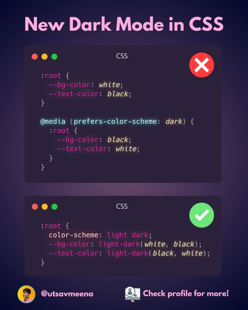 seraprogrammer's tweet image. A Cleaner Way to Handle Dark Mode in CSS 🔥