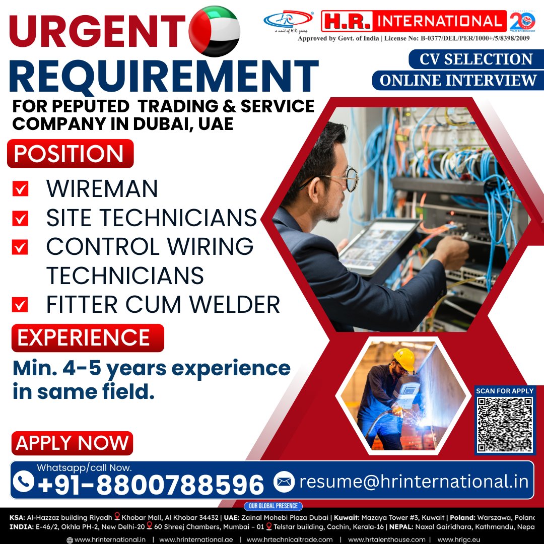 hrinewdelhi's tweet image. 🚨 Urgent Jobs in Dubai 🇦🇪 | H.R. International is hiring Wiremen, Technicians, Fitters &amp;amp; Welders for a top trading company! 4–5 yrs experience needed. Apply now: resume@hrinternational.in | 📞 +91-8800788596 #DubaiJobs #SkilledJobs #ApplyNow