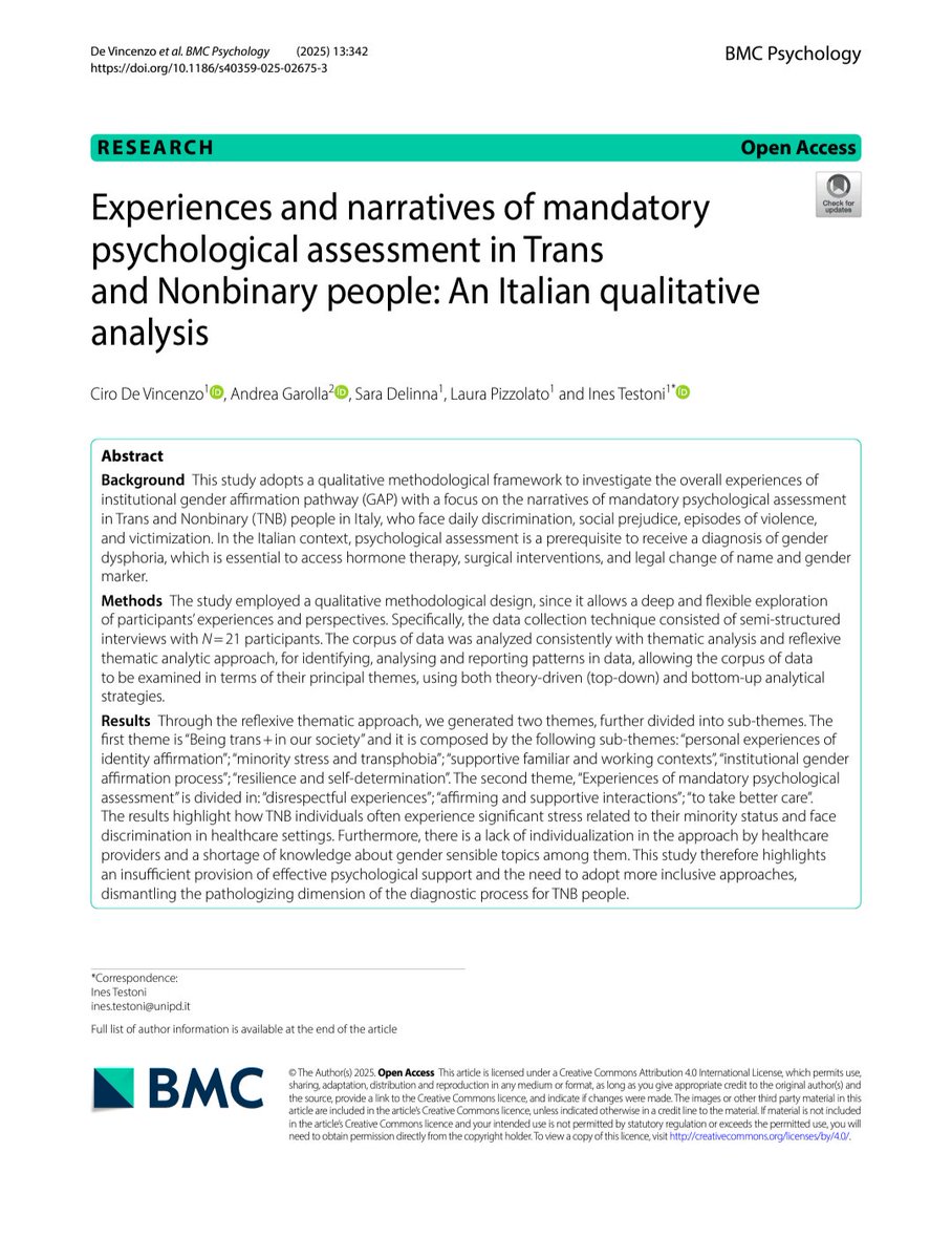 Ciro De Vincenzo, PhD | PsyD (@cirodevincenzo1) on Twitter photo 📢 Very proud of latest research paper on #mandatory #psychological #assessment in #Trans and #Nonbinary people.
➡️ You can have free access here: bmcpsychology.biomedcentral.com/articles/10.11…
There is still much to do for #psy #sciences to dismantle #gatekeeping in #transitions #pathways. 📢 Very proud of latest research paper on #mandatory #psychological #assessment in #Trans and #Nonbinary people.
➡️ You can have free access here: bmcpsychology.biomedcentral.com/articles/10.11…
There is still much to do for #psy #sciences to dismantle #gatekeeping in #transitions #pathways.