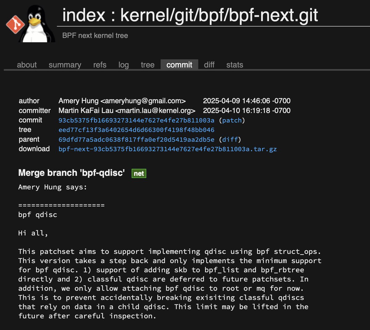 FBorsik's tweet image. #LinuxKernel - Merge branch 'bpf-qdisc':
git.kernel.org/pub/scm/linux/…
#eBPF #Qdisc #Linux #Kernel #BPF #OpenSource #FLOSS #eBPF_Qdisc #BPF_Qdisc #eBPFQdisc #BPF_Qdisc