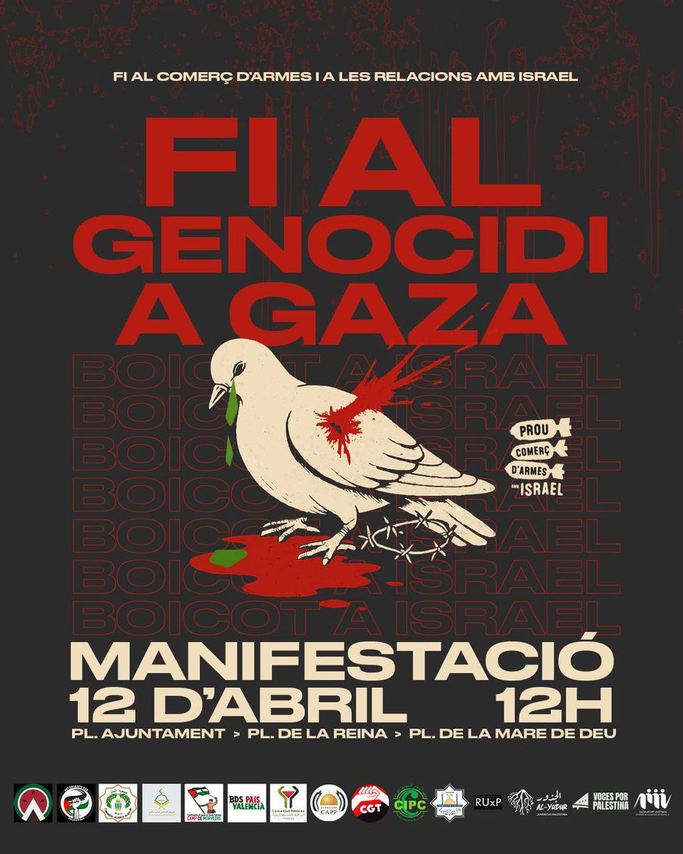 🔥𝐅𝐈 𝐀𝐋 𝐆𝐄𝐍𝐎𝐂𝐈𝐃𝐈 𝐀 𝐆𝐀𝐙𝐀! 𝐁𝐎𝐈𝐂𝐎𝐓 𝐀 𝐈𝐒𝐑𝐀𝐄𝐋!🔥 
𝐕𝐀𝐋È𝐍𝐂𝐈𝐀 𝐒’𝐔𝐍𝐄𝐈𝐗 𝐂𝐎𝐍𝐓𝐑𝐀 𝐄𝐋 𝐆𝐄𝐍𝐎𝐂𝐈𝐃𝐈! 
 
🗓 HUI dissabte 12 d’abril MANIFESTACIÓ
🕛 12:00 h 
📍 Des de la Plaça de l’Ajuntament fins la Plaça de la Verge (València)