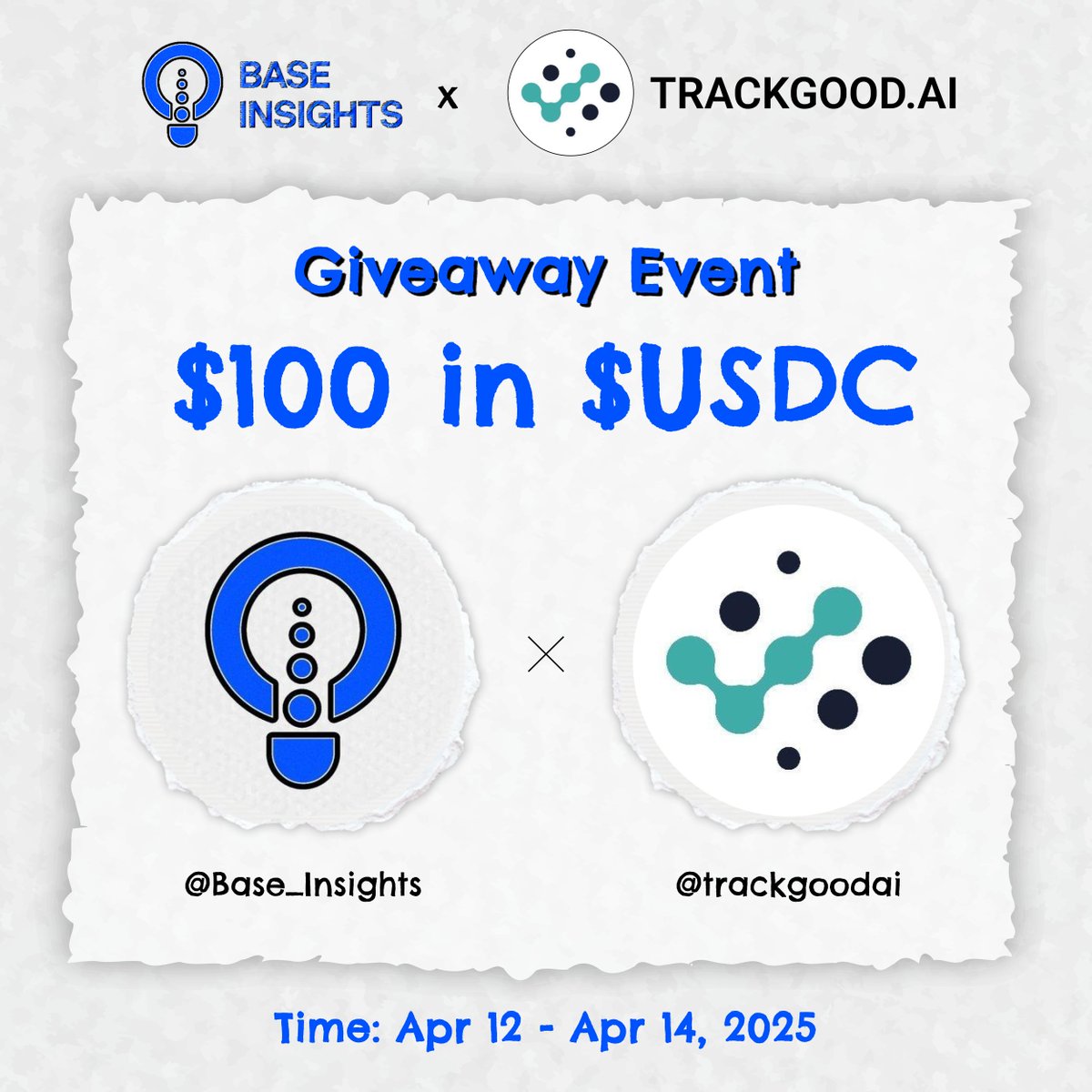 Base Insights (@base_insights) on Twitter photo 🔊GIVEAWAY EVENT 🤝
🎁 Prize pool for 5 winners
$100 in $USDC
✔️ To Enter:
1️⃣ Follow <a href="/Base_Insights/">Base Insights</a> x <a href="/trackgoodai/">Trackgood AI</a>
2️⃣ ❤️ and Repost
3️⃣ Like Trackgood AI's most recent post & share screenshot below ✅
⏰ 48h
$TRAI #Base 🔊GIVEAWAY EVENT 🤝
🎁 Prize pool for 5 winners
$100 in $USDC
✔️ To Enter:
1️⃣ Follow <a href="/Base_Insights/">Base Insights</a> x <a href="/trackgoodai/">Trackgood AI</a>
2️⃣ ❤️ and Repost
3️⃣ Like Trackgood AI's most recent post & share screenshot below ✅
⏰ 48h
$TRAI #Base