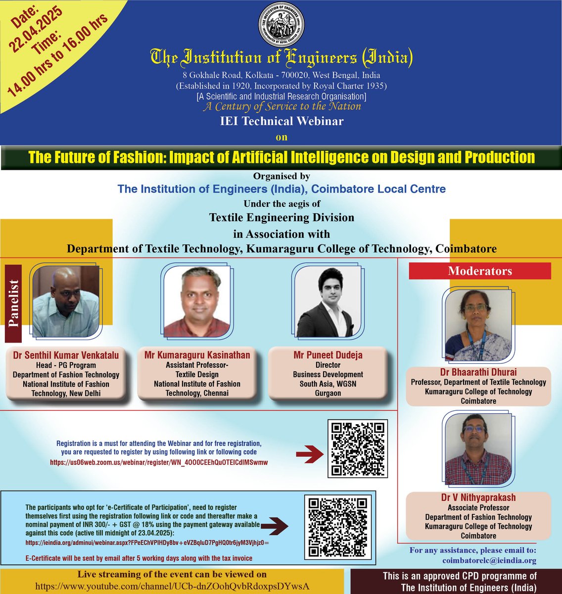 🌟 Upcoming Webinar Alert! 🌟
Topic: The Future of Fashion: Impact of Artificial Intelligence on Design and Production
🗓 Date: 22nd April 2024
🕑 Time: 2:00 PM – 4:00 PM IST

🔗 Free Registration: bit.ly/4inVLK0

📜 Get Your E-Certificate: bit.ly/3RhKOhT