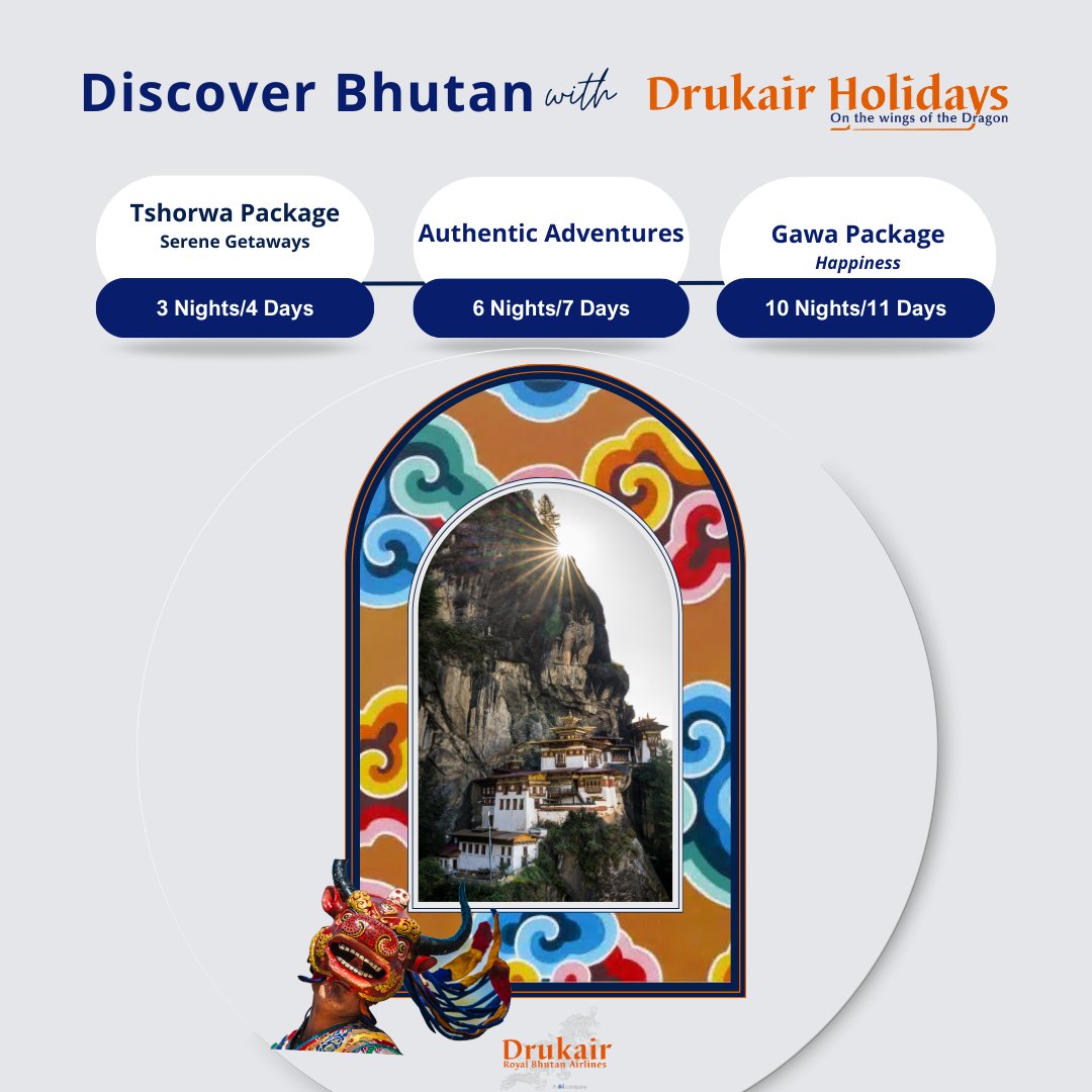Drukair Holidays (@drukairholidays) on Twitter photo ๐๐ก๐จ๐จ๐ฌ๐ ๐ฒ๐จ๐ฎ๐ซ ๐๐๐ฏ๐๐ง๐ญ๐ฎ๐ซ๐ ๐ฐ๐ข๐ญ๐ก ๐๐ซ๐ฎ๐ค๐๐ข๐ซ ๐๐จ๐ฅ๐ข๐๐๐ฒ๐ฌ!
Whether you're seeking cultural exploration, breathtaking landscapes, or spiritual retreats in Bhutan, Drukair Holidays have something for everyone.
Stay tuned for an exciting update. ๐๐ก๐จ๐จ๐ฌ๐ ๐ฒ๐จ๐ฎ๐ซ ๐๐๐ฏ๐๐ง๐ญ๐ฎ๐ซ๐ ๐ฐ๐ข๐ญ๐ก ๐๐ซ๐ฎ๐ค๐๐ข๐ซ ๐๐จ๐ฅ๐ข๐๐๐ฒ๐ฌ!
Whether you're seeking cultural exploration, breathtaking landscapes, or spiritual retreats in Bhutan, Drukair Holidays have something for everyone.
Stay tuned for an exciting update.