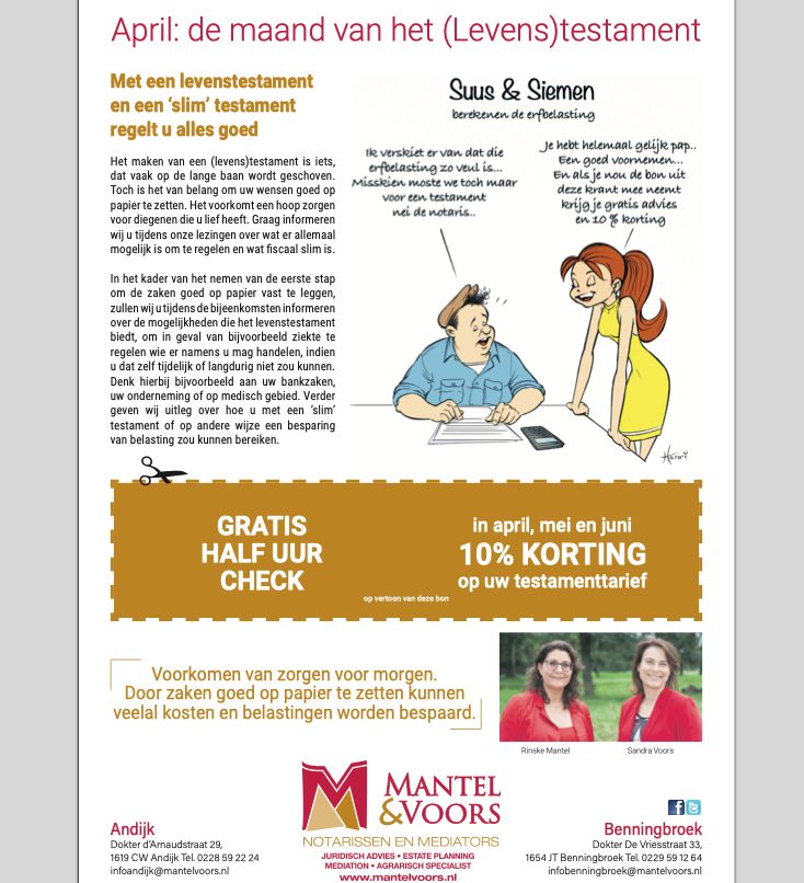𝐃𝐄 𝐌𝐀𝐀𝐍𝐃 𝐕𝐀𝐍 𝐇𝐄𝐓 (𝐋𝐄𝐕𝐄𝐍𝐒)𝐓𝐄𝐒𝐓𝐀𝐌𝐄𝐍𝐓 
Maak n afspraak voor gratis half uur testamentcheck. Nieuw (levens)testament maken of bestaande wijzigen? In april, mei en juni ontvangt u 10% korting #testament #levenstestament #testamentcheck #fiscaalslim #notaris