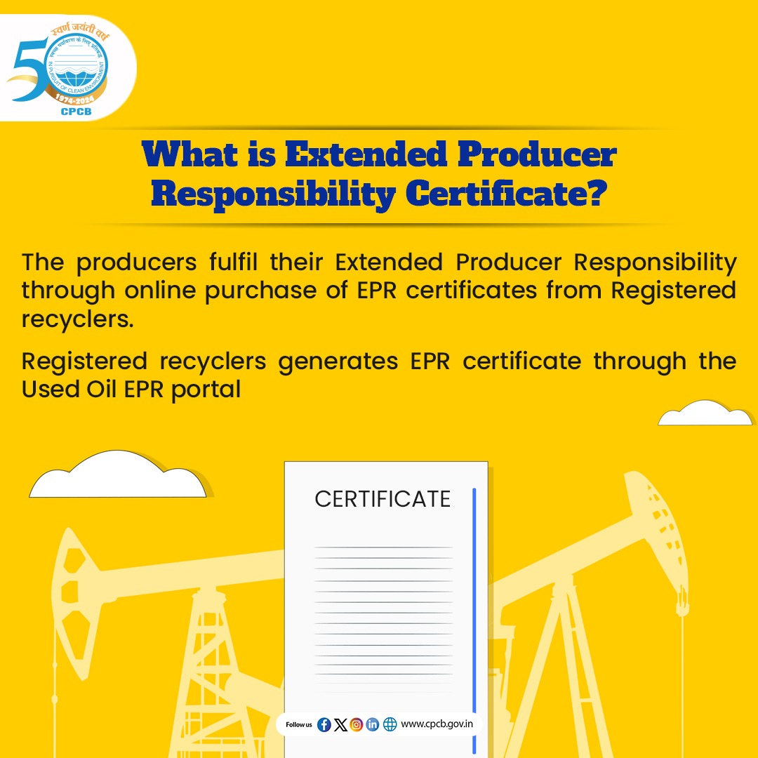 CPCB_OFFICIAL's tweet photo. The Producers/Used Oil importers need to fulfil their Extended Producer Responsibility by online purchase/transfer of extended producer responsibility certificates from registered recyclers.
#EPRinIndia #UsedOil #EPR #ReduceWaste
@byadavbjp @KVSinghMPGonda @moefcc https://t.co/SRnuJqixGA