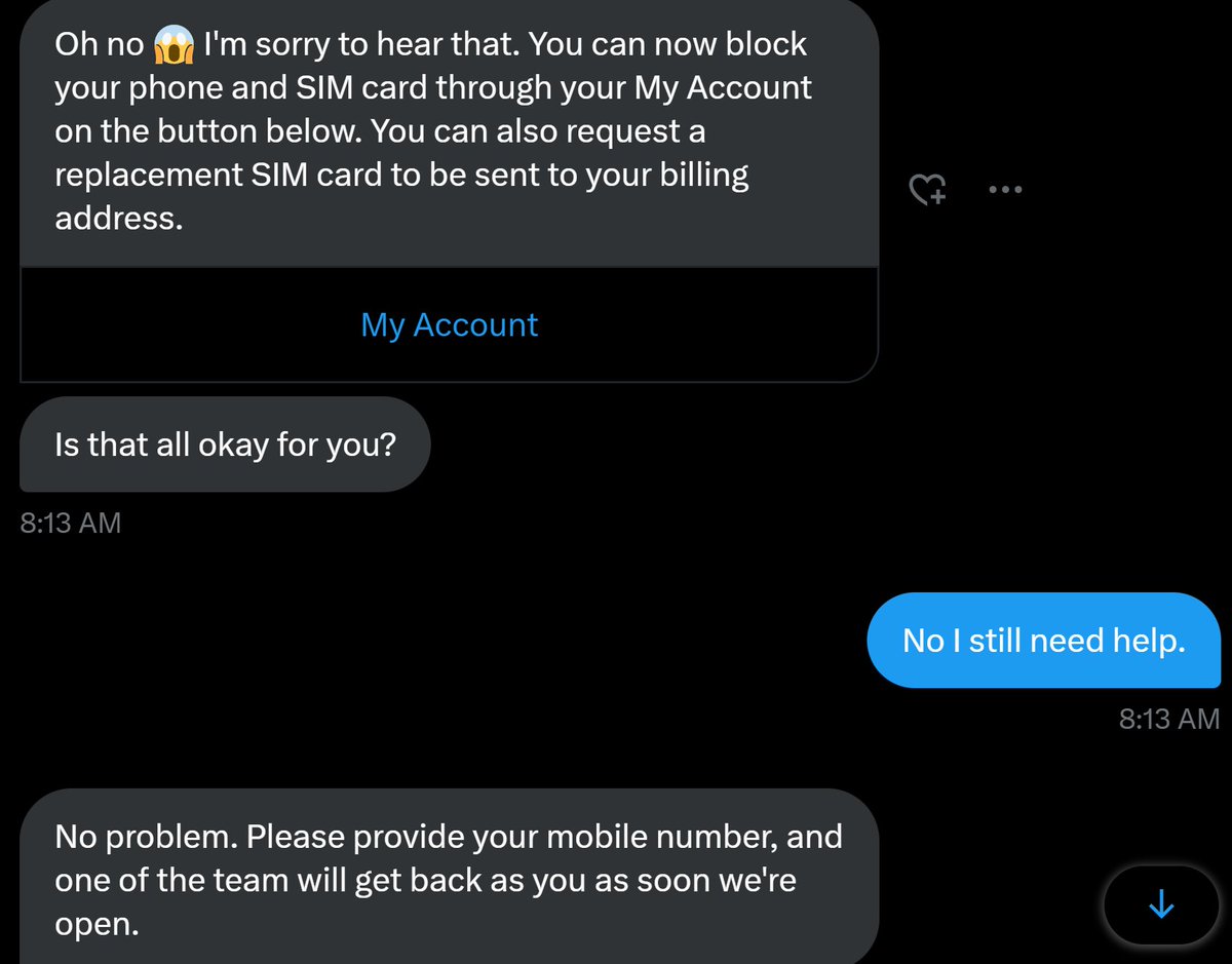 TheAdamBarrs's tweet photo. I'm dumbfounded. Trying to report your phone as lost is infuriating with @tescomobile. The advice on the website requires you to have your phone, except for here, where the AI "helper" thinks you can have a call back on the phone you've told them is lost. So dumb it's impressive. https://t.co/yHmonNo7wM