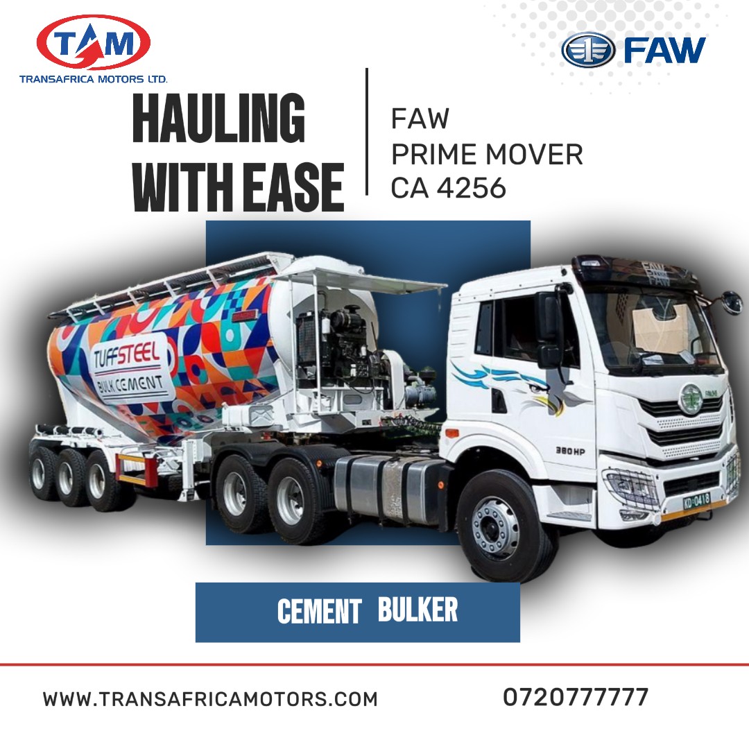 Transafrica Motors - Enterprise Rd (@tam_enterrd) on Twitter photo FAW CA 4256 PRIME MOVER Truck is a reliable choice for Bulk cement transportation, combining power, efficiency, and durability to meet the needs of the construction and logistics industries in Kenya.
Delivered to <a href="/Tuffsteel/">Mukesh Patel</a> #TuffSteel
Showroom on Enterprise Road - Nairobi. FAW CA 4256 PRIME MOVER Truck is a reliable choice for Bulk cement transportation, combining power, efficiency, and durability to meet the needs of the construction and logistics industries in Kenya.
Delivered to <a href="/Tuffsteel/">Mukesh Patel</a> #TuffSteel
Showroom on Enterprise Road - Nairobi.