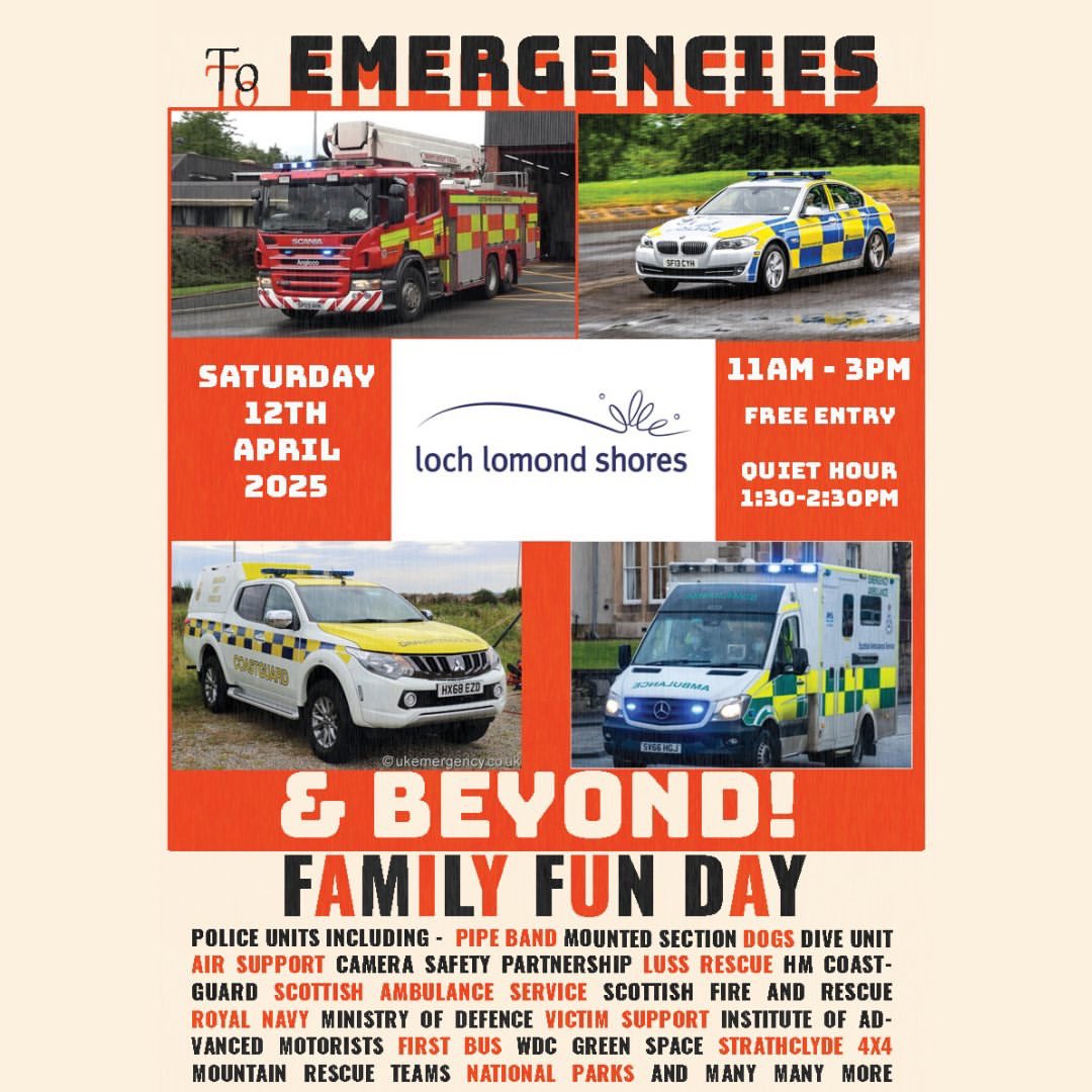 lochlomondshore's tweet photo. It’s ’To Emergencies &amp; Beyond’ day here TODAY!
From 11am -3pm with a Quiet Hour between 1.30-2.30pm. Hosted by @PoliceScotland it’s going to be a fun day out for the whole family, with all the emergency services &amp; entertainment from @lomondradio https://t.co/rCQl198JdN