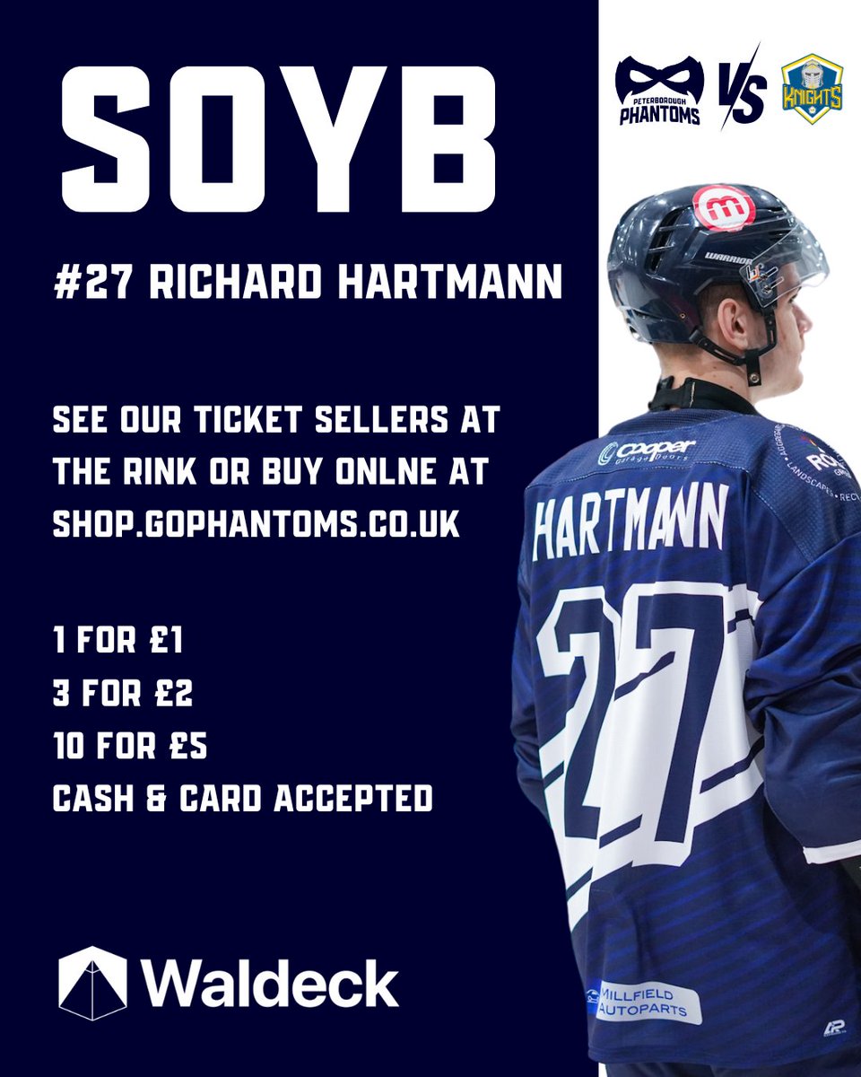 Tonight's shirt off your back is #27 Richard Hartmann!

1️⃣ for £1
3️⃣ for £2
🔟 for £5

See our sellers in the rink or purchase your tickets online!

👉 shop.gophantoms.co.uk/products/shirt…

#WeArePhantoms