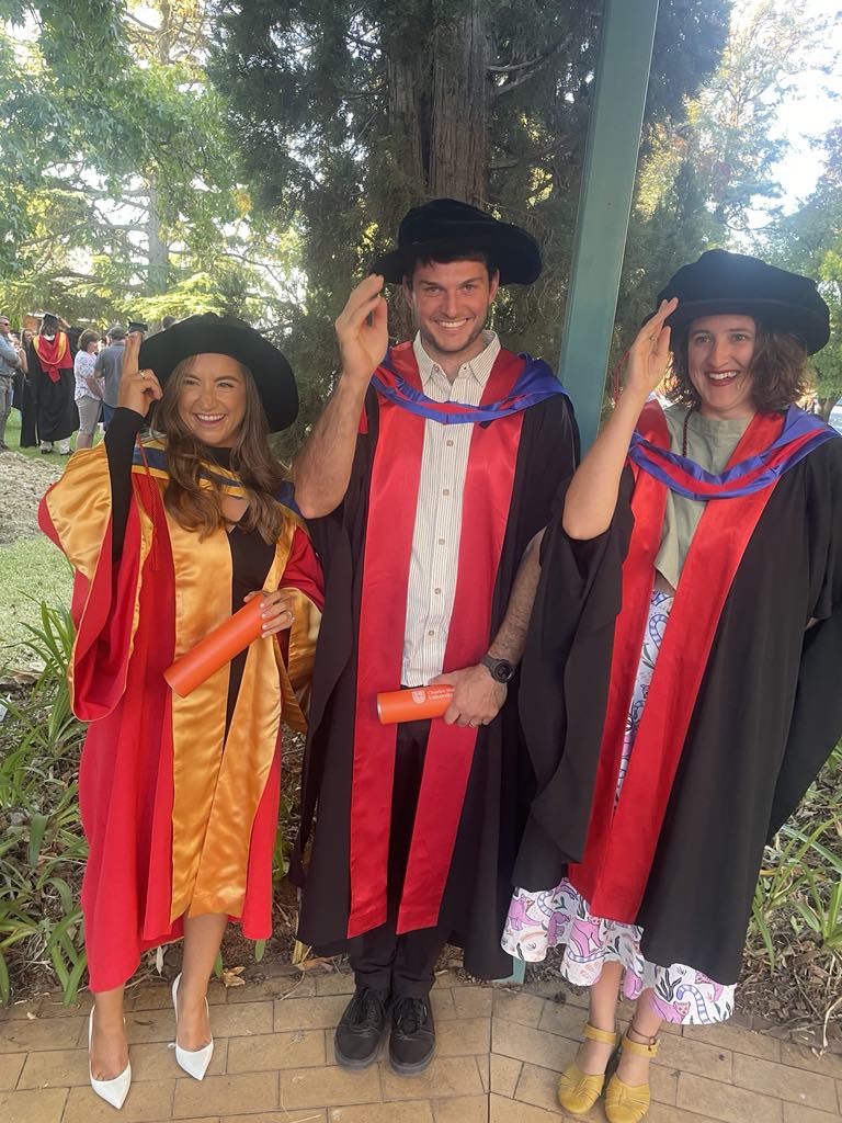 Congratulations to Dr. Mary McQuillan (DVStud), Dr. Thomas Keogh (PhD) &amp; Dr. Amy Bates (PhD) who graduated at the ceremony in Wagga yesterday. We at the Fred Morley Centre are very proud of you! Check out their great work: researchoutput.csu.edu.au/en/persons/bal…